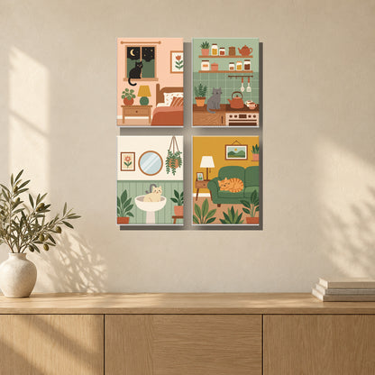 Coffret de 4 peintures par numéro Douce Compagnie, mini-toiles présentées au mur, Maison Artsen