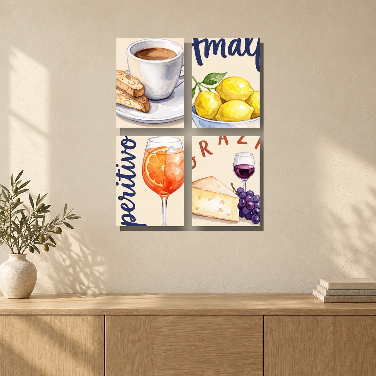 Coffret de 4 peintures par numéro Mots de la Table Italienne, mini-toiles présentées au mur, Maison Artsen
