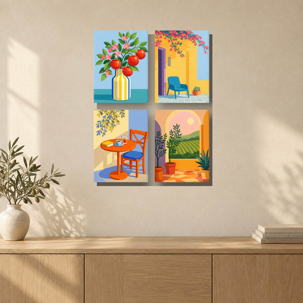 Coffret de 4 peintures par numéro Terrasses Ensoleillées, mini-toiles présentées au mur, Maison Artsen