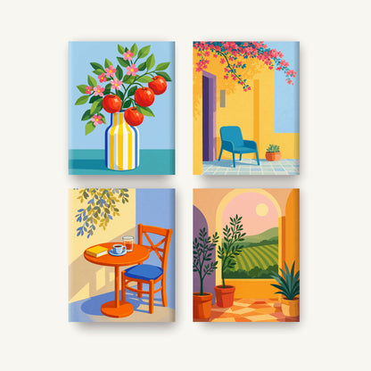 Coffret de 4 peintures par numéro Terrasses Ensoleillées, les mini-toiles à plat, Maison Artsen