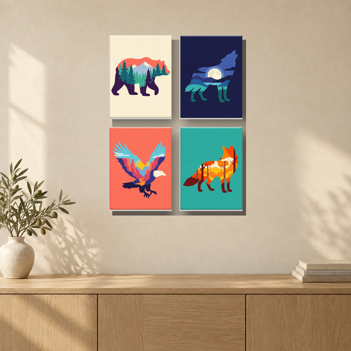 Coffret de 4 peintures par numéro Silhouettes Sauvages, mini-toiles présentées au mur, Maison Artsen