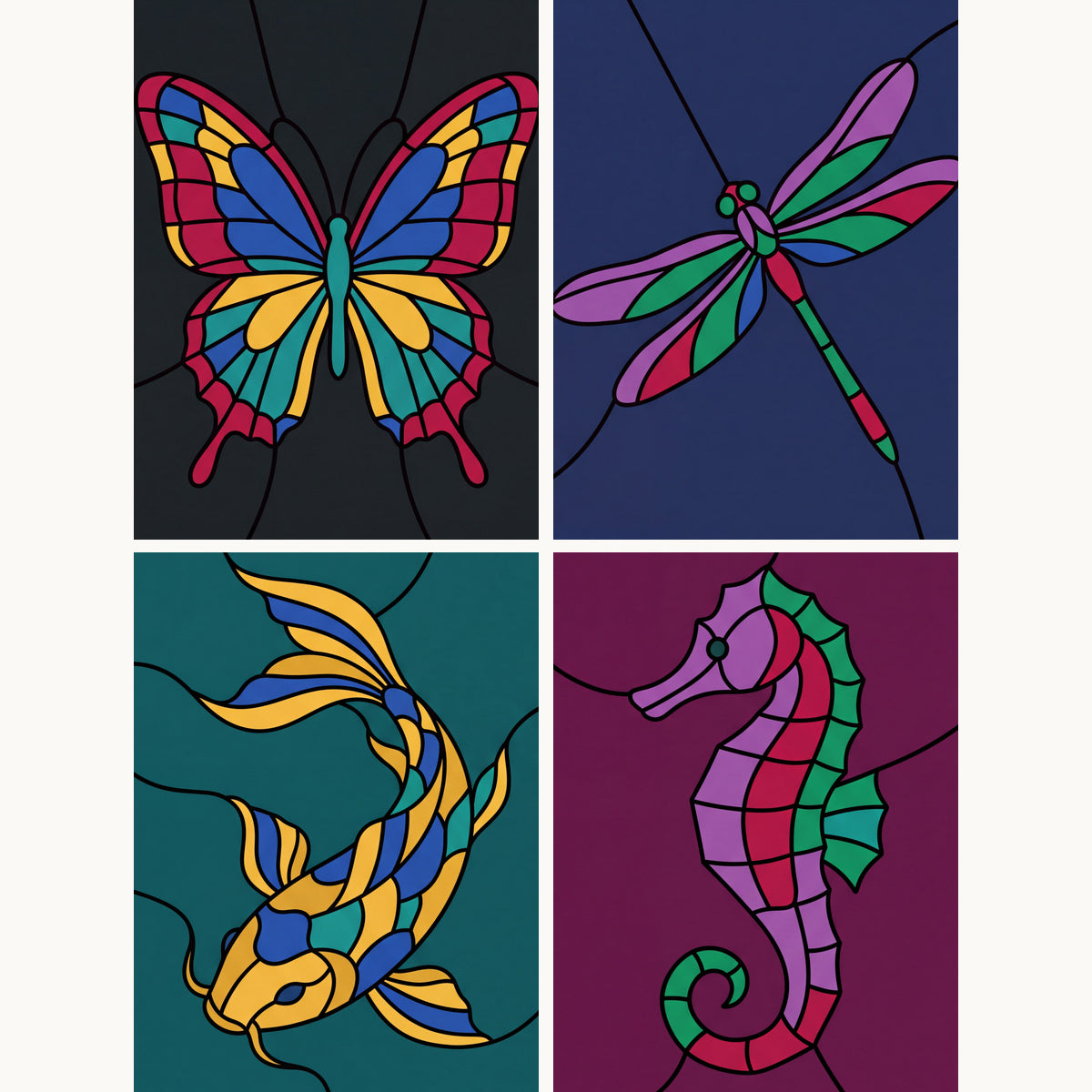 Coffret de 4 peintures par numéro Animaux en Vitrail, les mini-toiles à plat, Maison Artsen