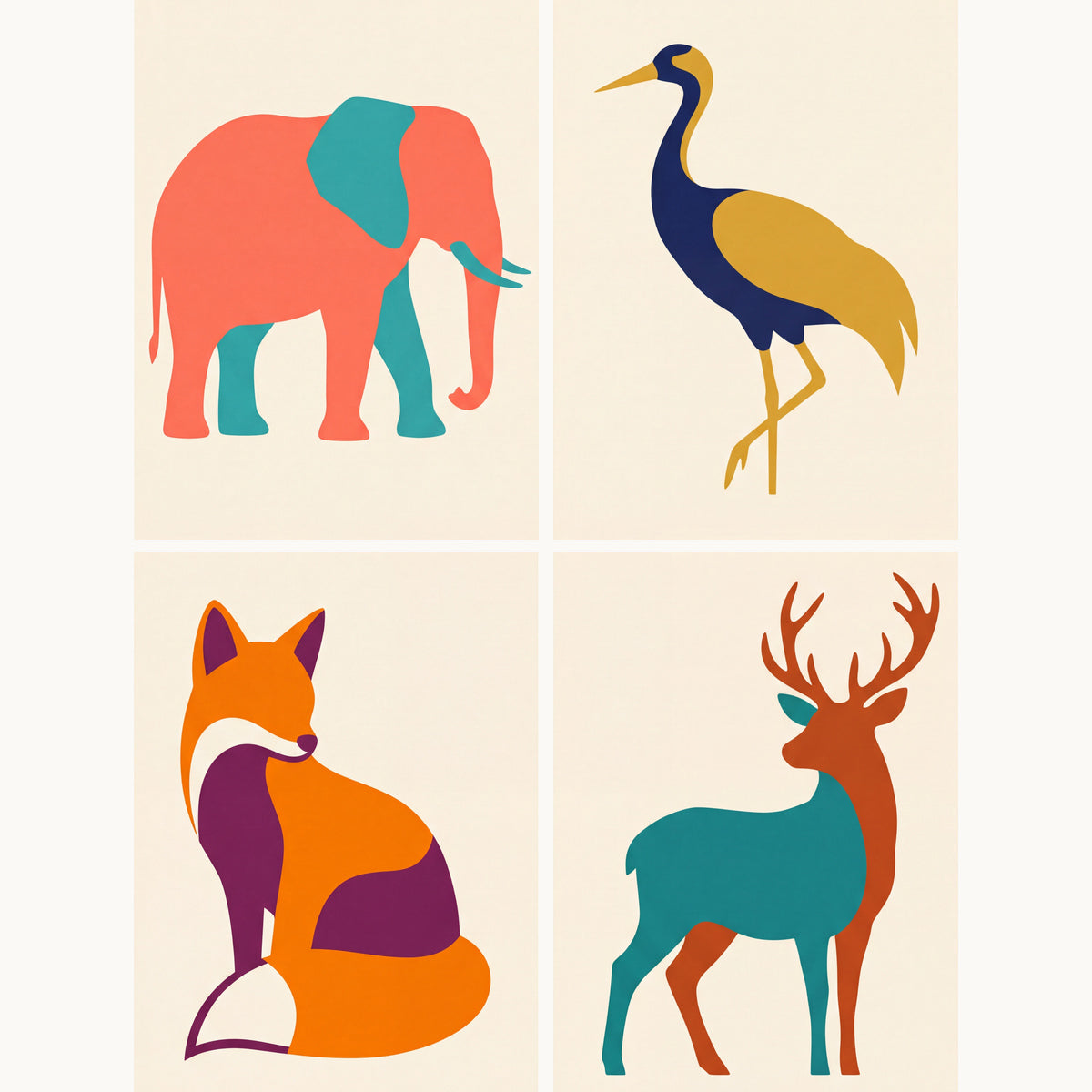 Coffret de 4 peintures par numéro Faune Minimaliste, les mini-toiles à plat, Maison Artsen