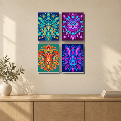 Coffret de 4 peintures par numéro Animaux en Mandala, mini-toiles présentées au mur, Maison Artsen