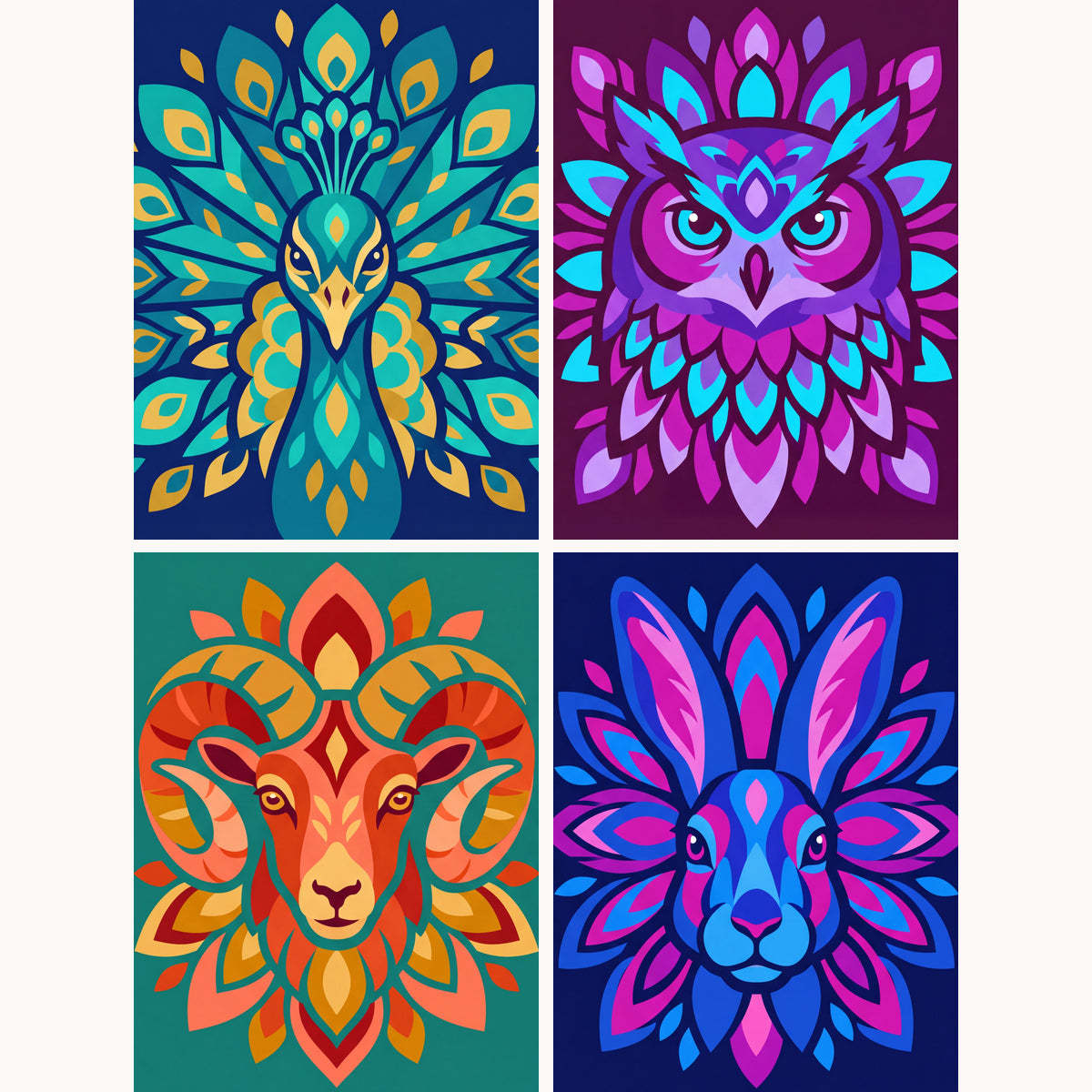 Coffret de 4 peintures par numéro Animaux en Mandala, les mini-toiles à plat, Maison Artsen
