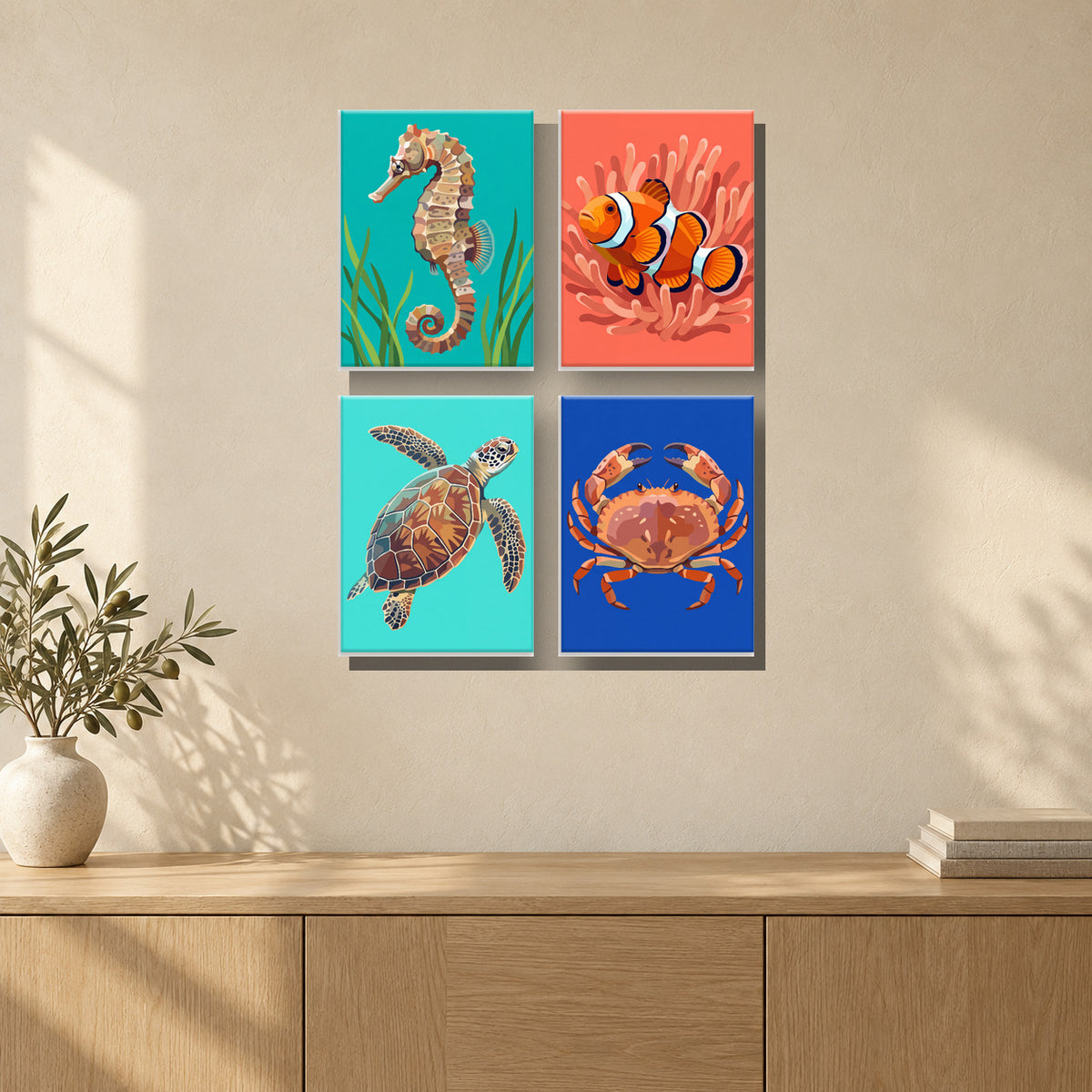 Coffret de 4 peintures par numéro Profondeurs Marines, mini-toiles présentées au mur, Maison Artsen