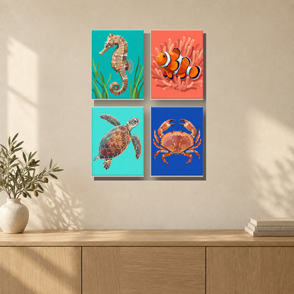 Coffret de 4 peintures par numéro Profondeurs Marines, mini-toiles présentées au mur, Maison Artsen