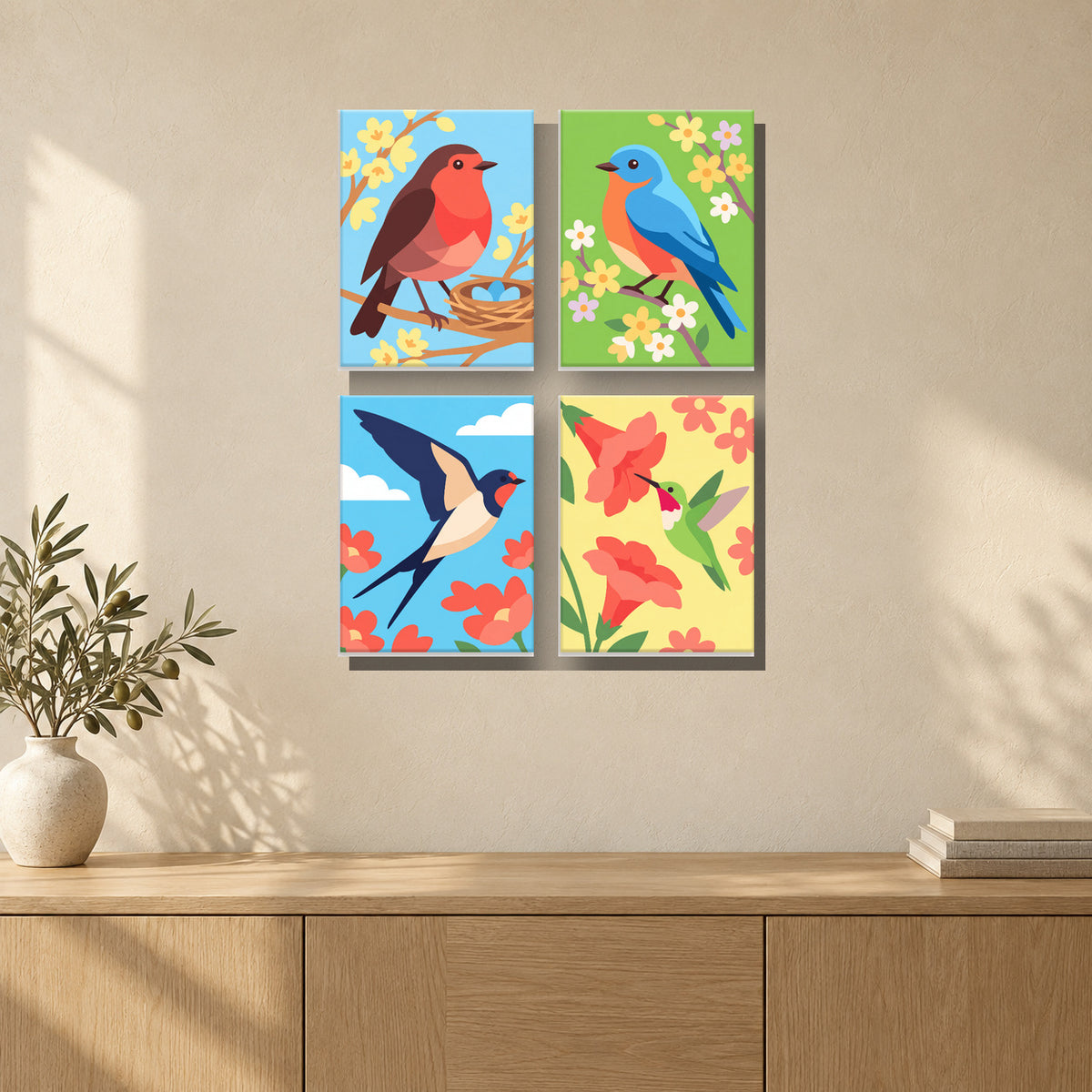 Coffret de 4 peintures par numéro Chant du Matin, mini-toiles présentées au mur, Maison Artsen