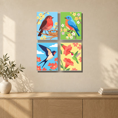 Coffret de 4 peintures par numéro Chant du Matin, mini-toiles présentées au mur, Maison Artsen