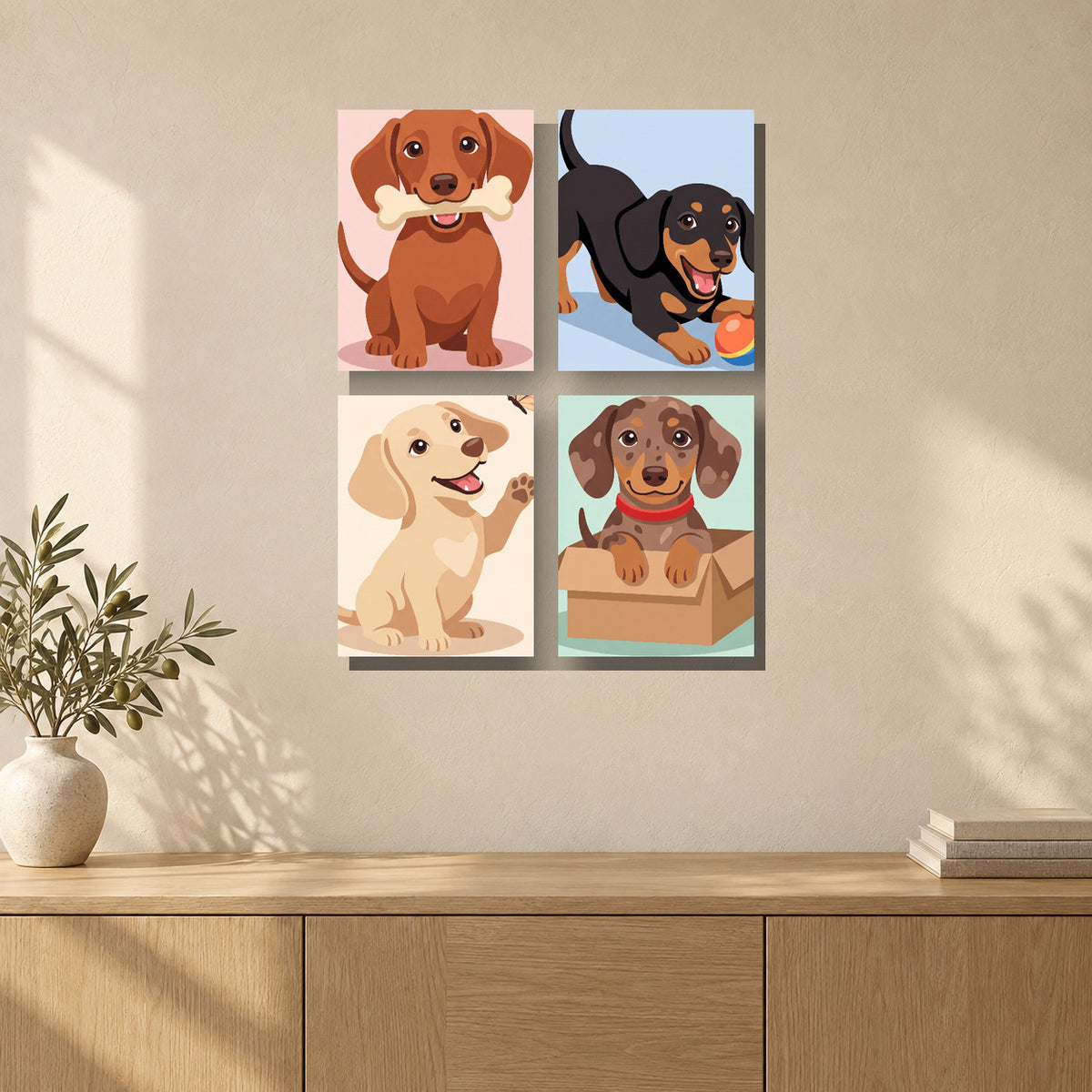 Coffret de 4 peintures par numéro Teckels Joueurs, mini-toiles présentées au mur, Maison Artsen