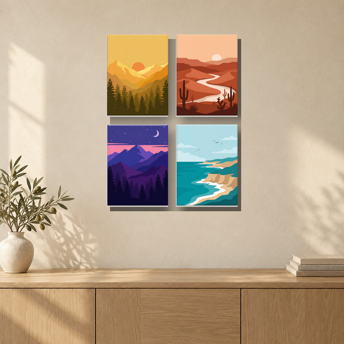 Coffret de 4 peintures par numéro Paysages Sauvages, mini-toiles présentées au mur, Maison Artsen