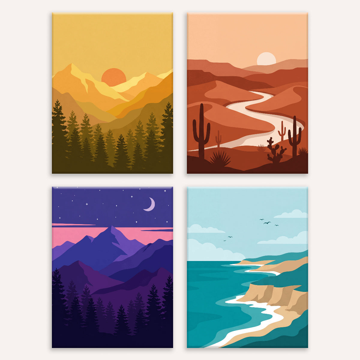 Coffret de 4 peintures par numéro Paysages Sauvages, les mini-toiles à plat, Maison Artsen