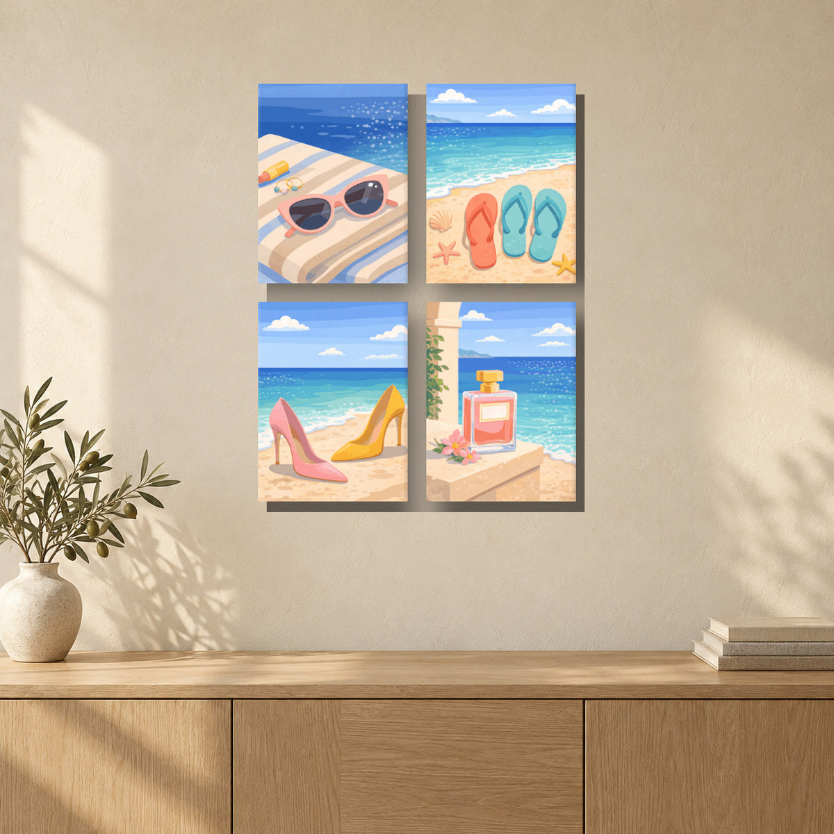 Coffret de 4 peintures par numéro Souvenirs d’Été, mini-toiles présentées au mur, Maison Artsen