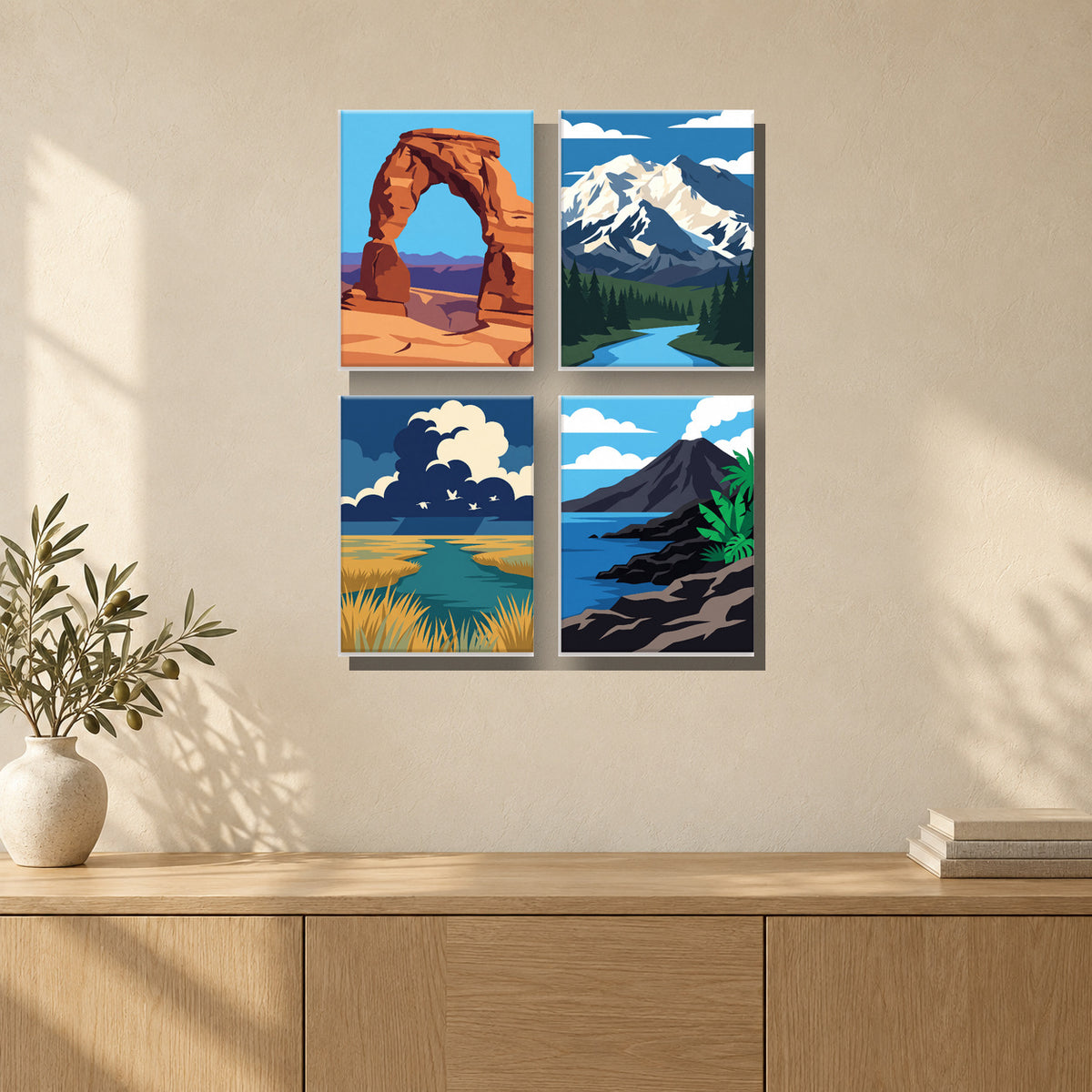 Coffret de 4 peintures par numéro Paysages d’Amérique, mini-toiles présentées au mur, Maison Artsen