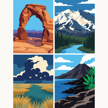 Coffret de 4 peintures par numéro Paysages d’Amérique, les mini-toiles à plat, Maison Artsen