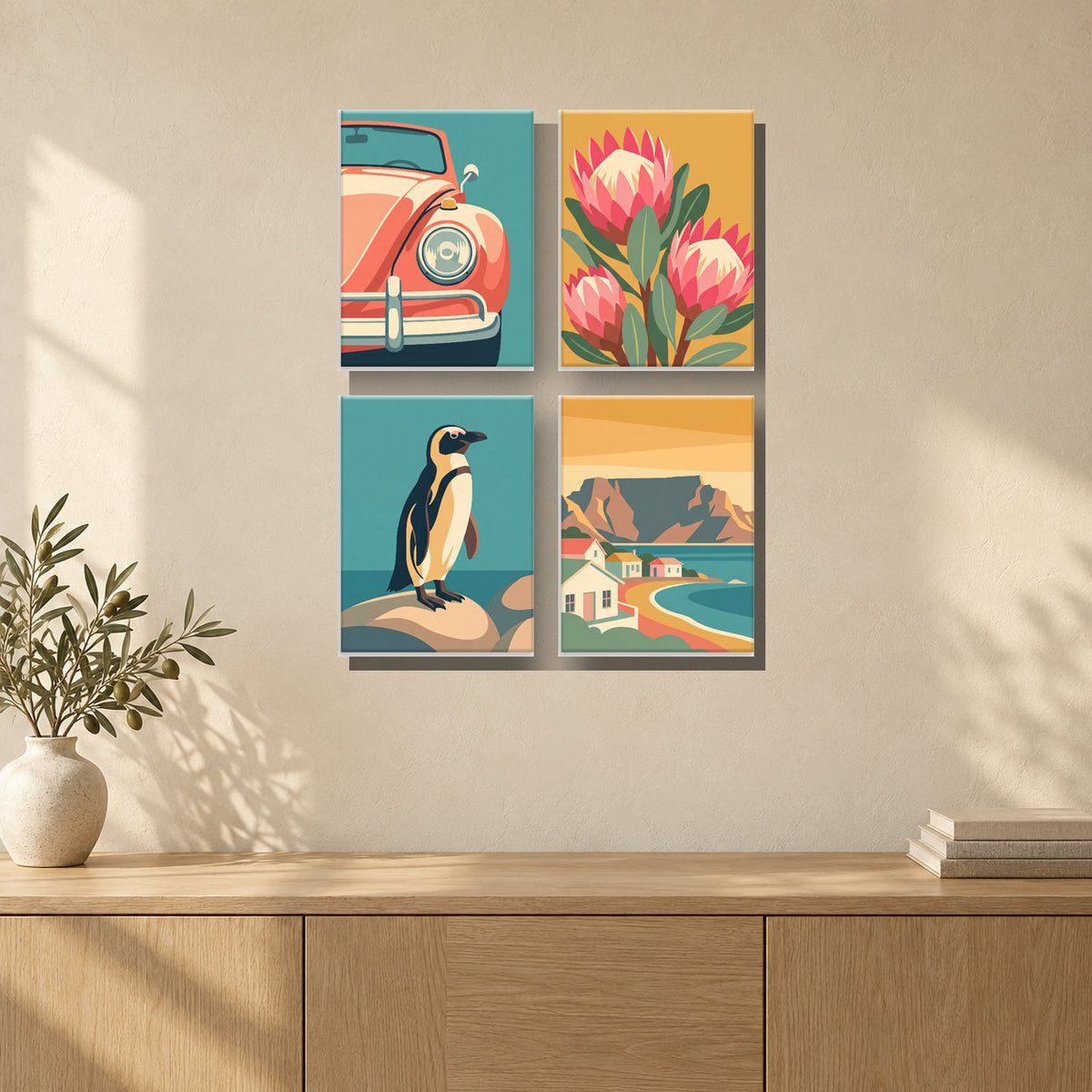 Coffret de 4 peintures par numéro Aventure au Cap, mini-toiles présentées au mur, Maison Artsen