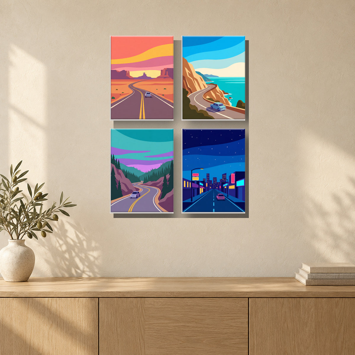 Coffret de 4 peintures par numéro Routes à Perte de Vue, mini-toiles présentées au mur, Maison Artsen