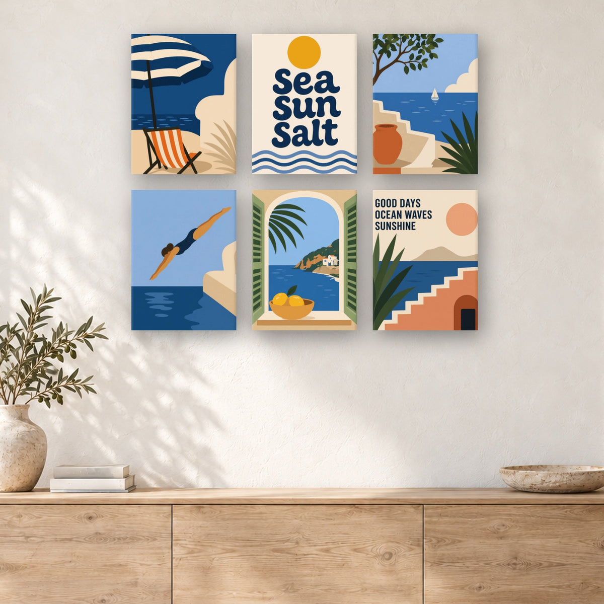 Coffret de 6 peintures par numéro Soleil, Mer et Sel, mini-toiles présentées au mur, Maison Artsen