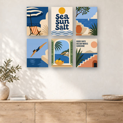 Coffret de 6 peintures par numéro Soleil, Mer et Sel, mini-toiles présentées au mur, Maison Artsen