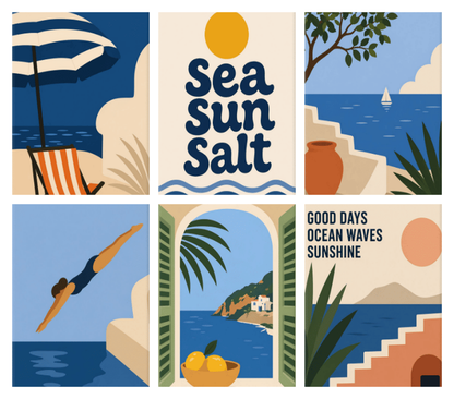 Coffret de 6 peintures par numéro Soleil, Mer et Sel, les mini-toiles à plat, Maison Artsen