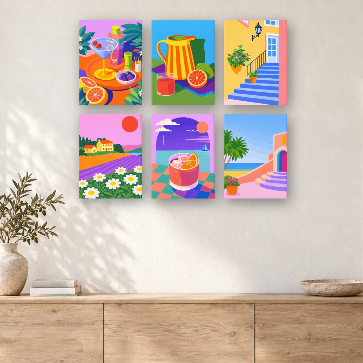 Coffret de 6 peintures par numéro Été Haut en Couleur, mini-toiles présentées au mur, Maison Artsen