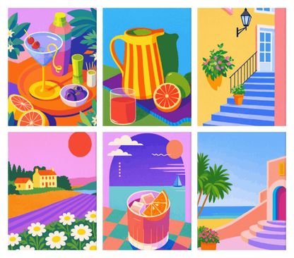 Coffret de 6 peintures par numéro Été Haut en Couleur, les mini-toiles à plat, Maison Artsen