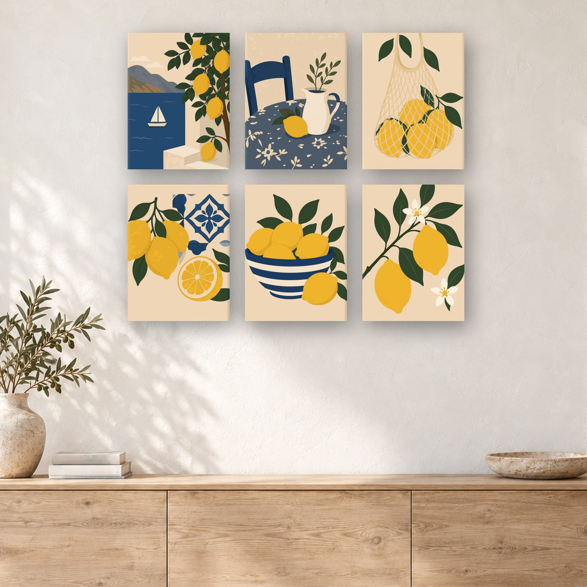 Coffret de 6 peintures par numéro Citrons d'Amalfi, mini-toiles présentées au mur, Maison Artsen
