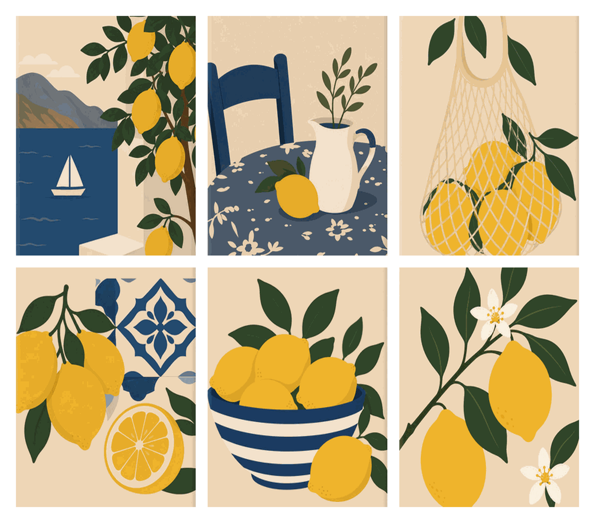 Coffret de 6 peintures par numéro Citrons d'Amalfi, les mini-toiles à plat, Maison Artsen