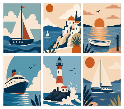 Coffret de 6 peintures par numéro Voiles au Couchant, les mini-toiles à plat, Maison Artsen
