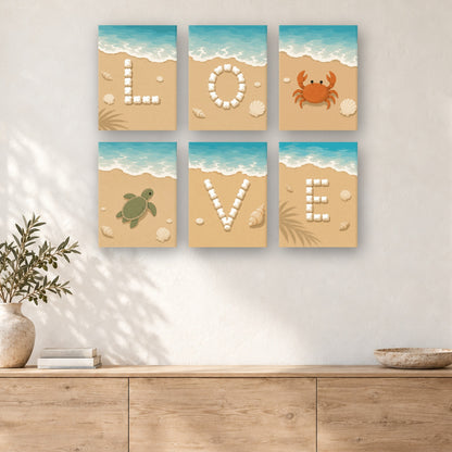 Coffret de 6 peintures par numéro L'Amour sur le Sable, mini-toiles présentées au mur, Maison Artsen