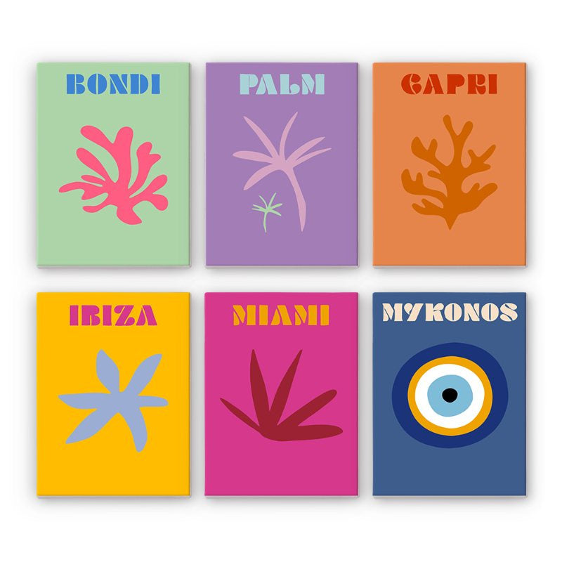 Coffret de 6 peintures par numéro Affiches des Plus Belles Plages, mini-toiles présentées au mur, Maison Artsen