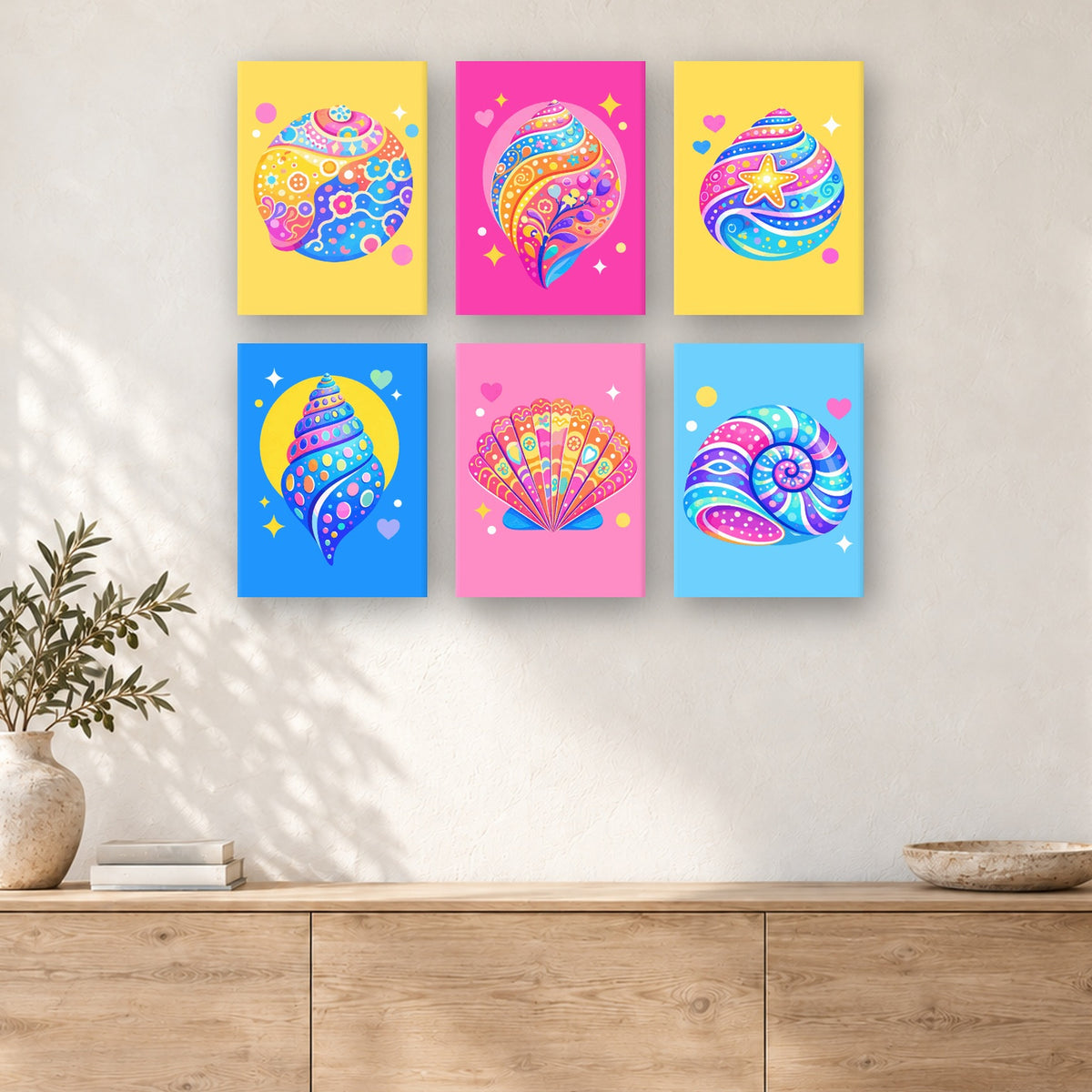 Coffret de 6 peintures par numéro Coquillages Arc-en-ciel, mini-toiles présentées au mur, Maison Artsen