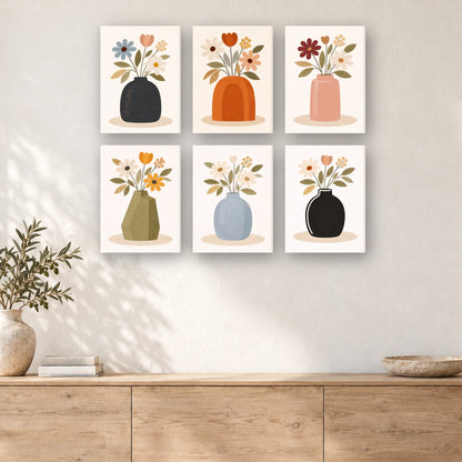Coffret de 6 peintures par numéro Bouquets aux Vases Mats, mini-toiles présentées au mur, Maison Artsen