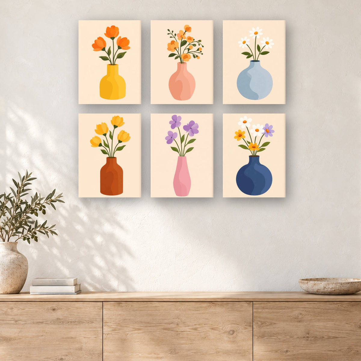 Coffret de 6 peintures par numéro Tiges Printanières en Vases, mini-toiles présentées au mur, Maison Artsen