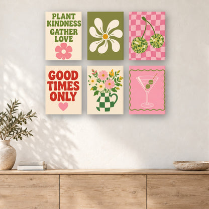 Coffret de 6 peintures par numéro Affiches Rétro Bonne Humeur, mini-toiles présentées au mur, Maison Artsen