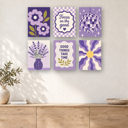 Coffret de 6 peintures par numéro Affiches Lilas Années 70, mini-toiles présentées au mur, Maison Artsen
