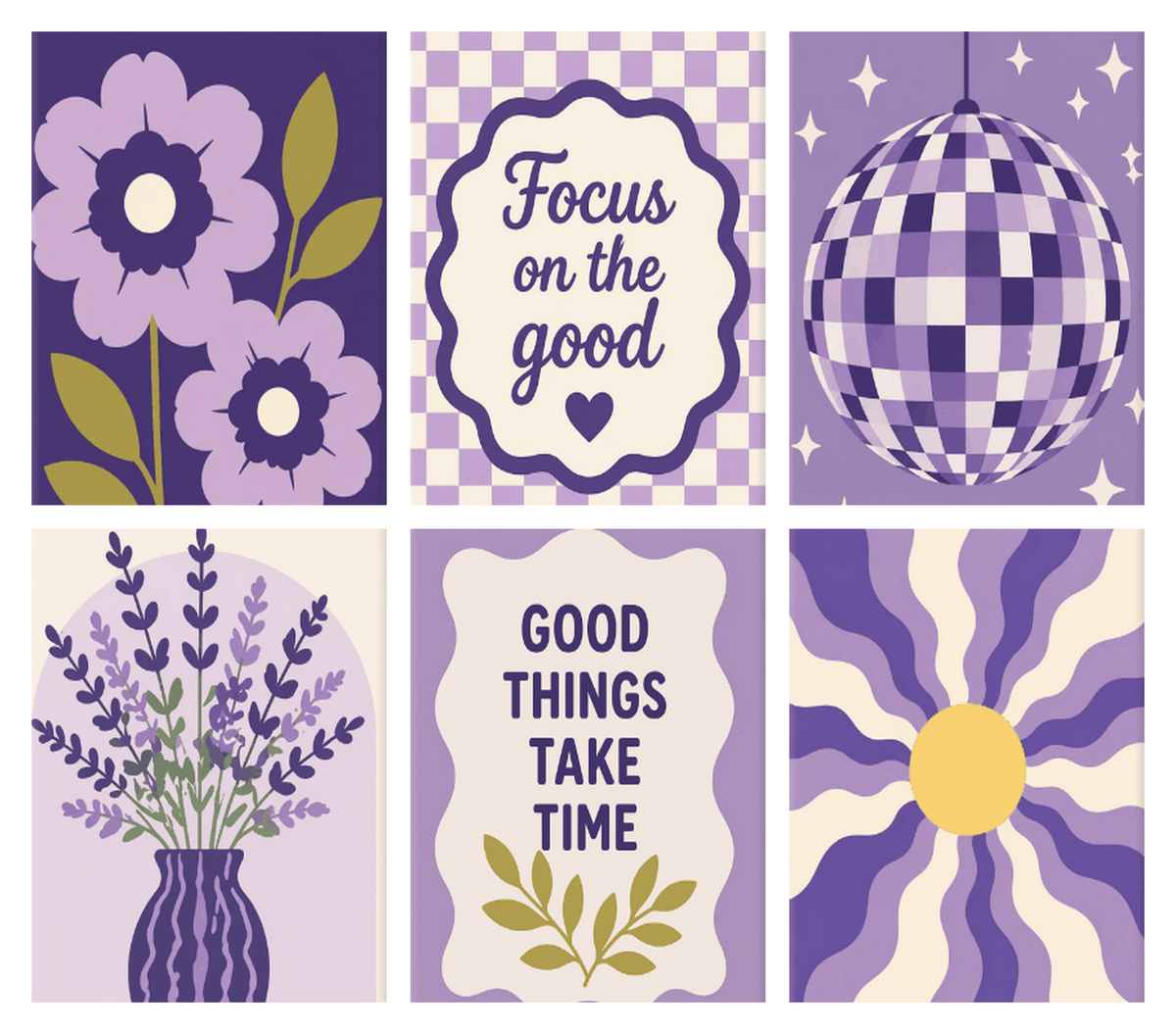 Coffret de 6 peintures par numéro Affiches Lilas Années 70, les mini-toiles à plat, Maison Artsen