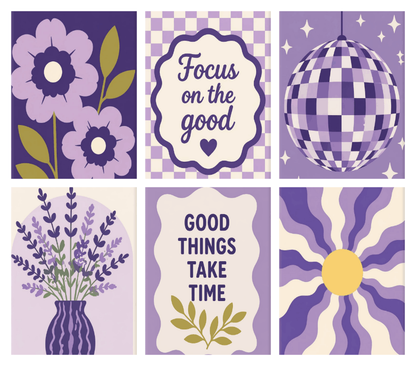Coffret de 6 peintures par numéro Affiches Lilas Années 70, les mini-toiles à plat, Maison Artsen