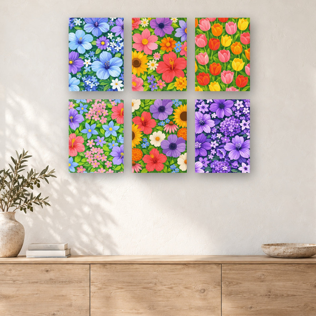 Coffret de 6 peintures par numéro Six Tapis de Fleurs, mini-toiles présentées au mur, Maison Artsen