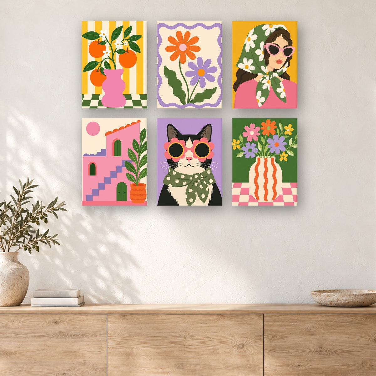 Coffret de 6 peintures par numéro Rêveries Rétro Chic, mini-toiles présentées au mur, Maison Artsen