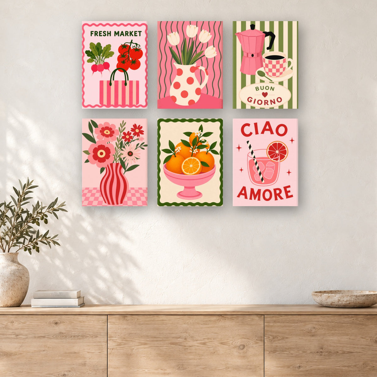Coffret de 6 peintures par numéro Marché en Rose, mini-toiles présentées au mur, Maison Artsen