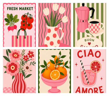 Coffret de 6 peintures par numéro Marché en Rose, les mini-toiles à plat, Maison Artsen