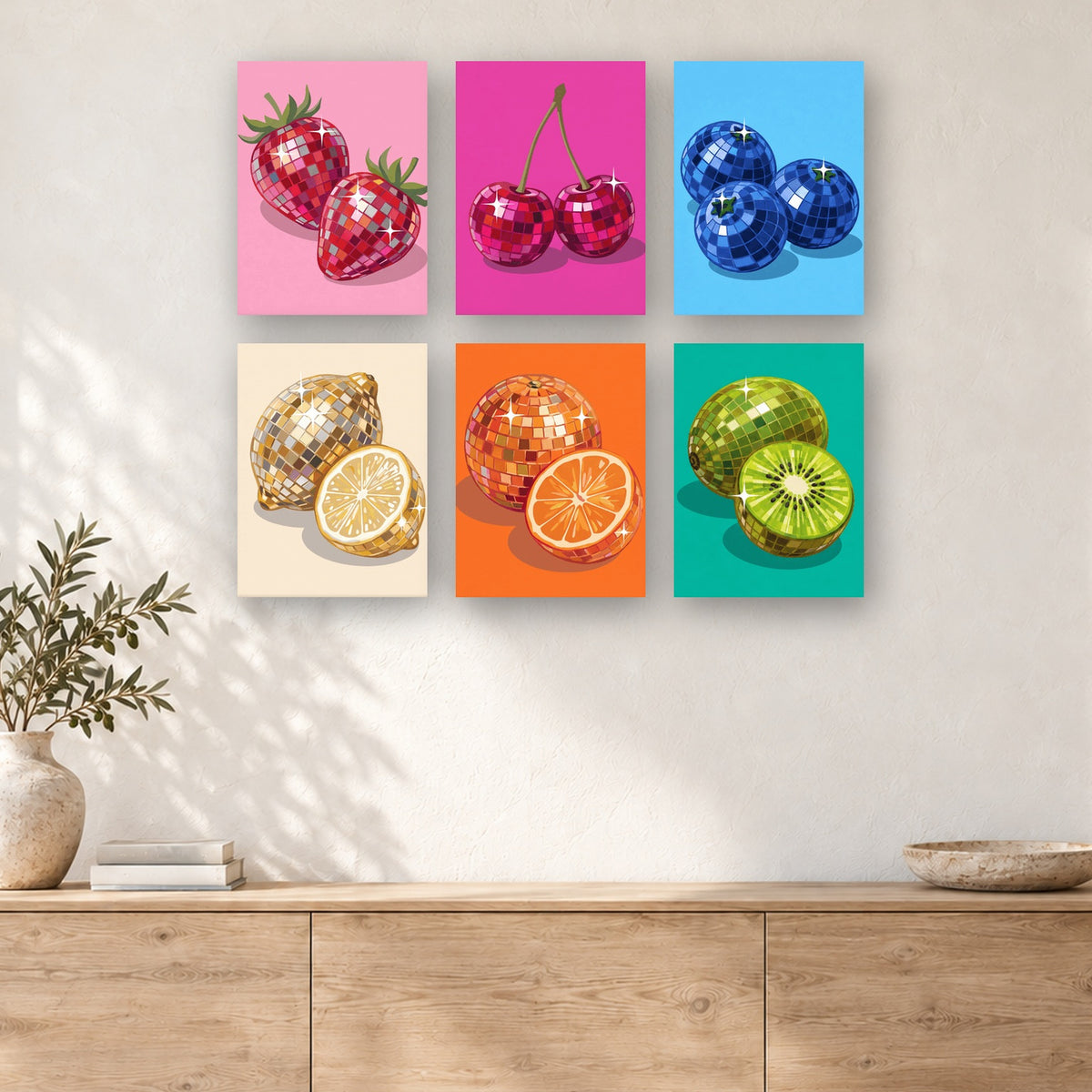 Coffret de 6 peintures par numéro Fruits Boule à Facettes, mini-toiles présentées au mur, Maison Artsen