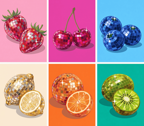 Coffret de 6 peintures par numéro Fruits Boule à Facettes, les mini-toiles à plat, Maison Artsen