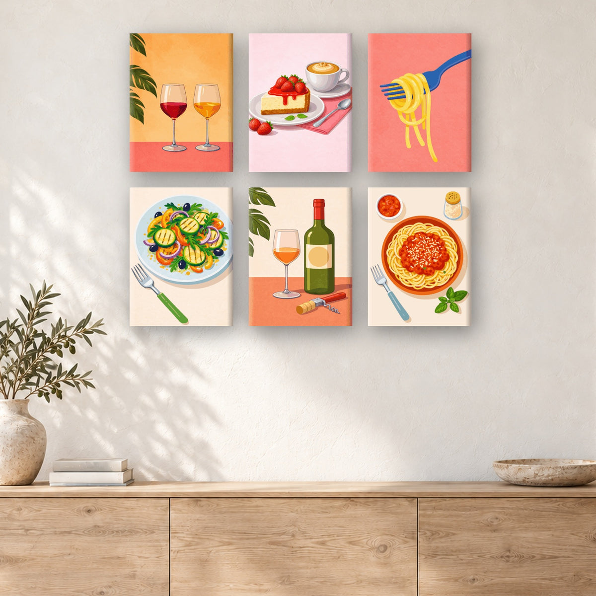Coffret de 6 peintures par numéro Dîner Pâtes et Vin, mini-toiles présentées au mur, Maison Artsen