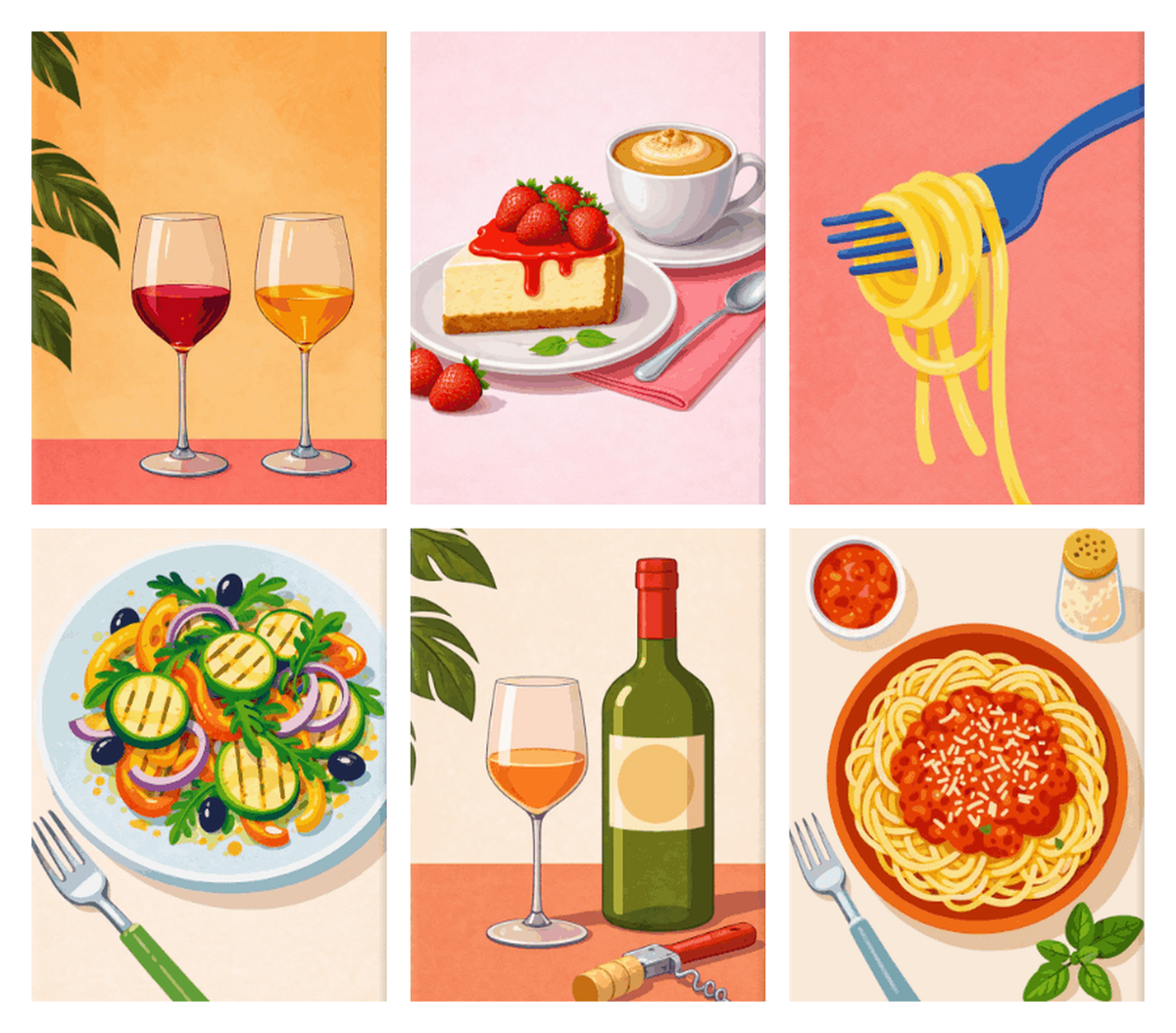 Coffret de 6 peintures par numéro Dîner Pâtes et Vin, les mini-toiles à plat, Maison Artsen