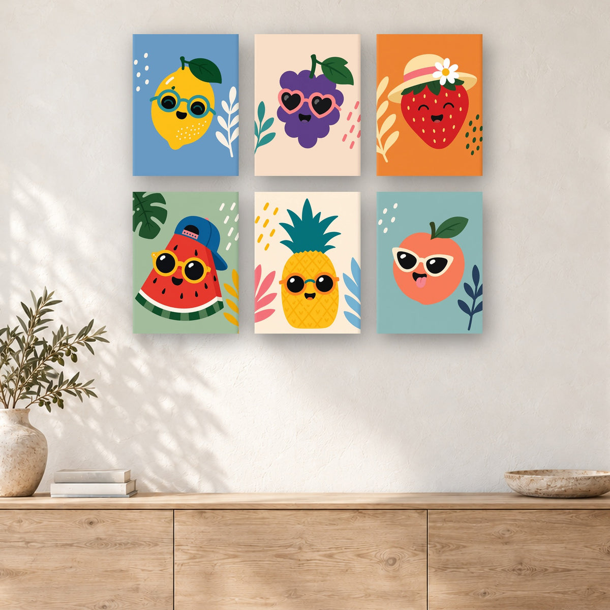 Coffret de 6 peintures par numéro Fruits à Lunettes de Soleil, mini-toiles présentées au mur, Maison Artsen