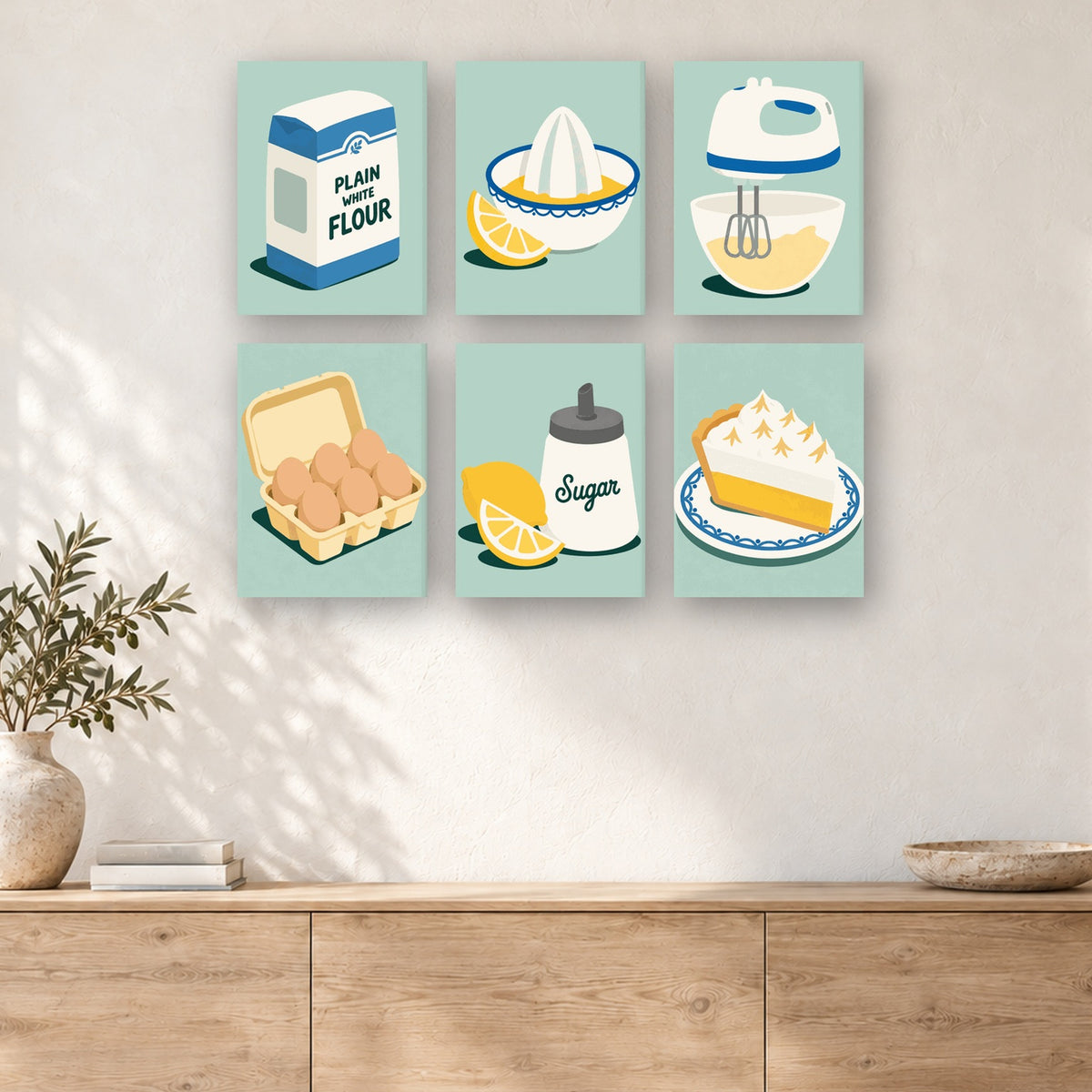Coffret de 6 peintures par numéro Recette Tarte au Citron, mini-toiles présentées au mur, Maison Artsen