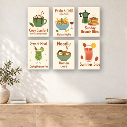 Coffret de 6 peintures par numéro Petits Plaisirs Gourmands, mini-toiles présentées au mur, Maison Artsen