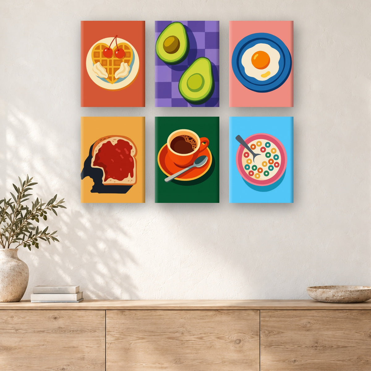 Coffret de 6 peintures par numéro Bon Matin Gourmand, mini-toiles présentées au mur, Maison Artsen